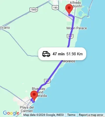 Cancun Airport to Sandos Caracol Eco Resort Playa del Carmen map