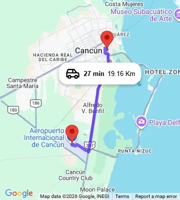 Cancun Airport to Selina Cancun Downtown map