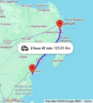 Cancun Airport to Selina Tulum map