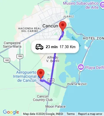 Cancun Airport to Suites Malecon Cancun map