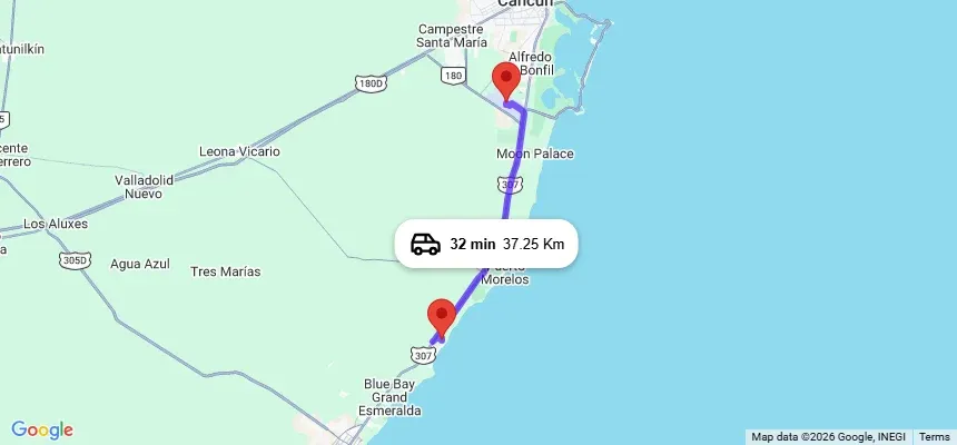 Cancun Airport to The Bliss at Vidanta Riviera Maya map