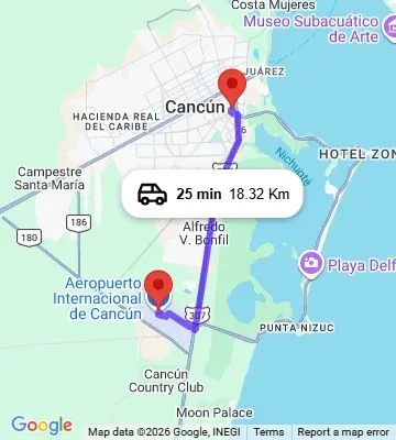 Cancun Airport to The Quetzal Cancun Downtown map