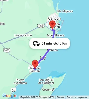 Cancun Airport to The Reef 28 Playa del Carmen map