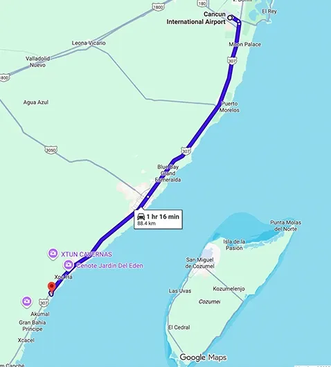 Transportation route map from Cancun Airport to TRS Yucatan Hotel showing distance and travel path