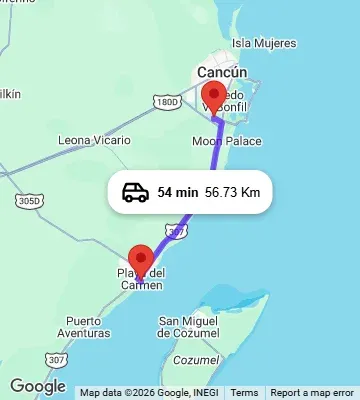 Cancun Airport to Cozumel ferry dock in Playa del Carmen map