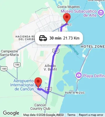 Cancun Airport to Isla Mujeres Ferry map to Puerto Juarez