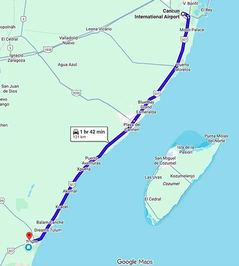 Transportation route map from Cancun Airport to Una Vida Tulum showing distance and travel path