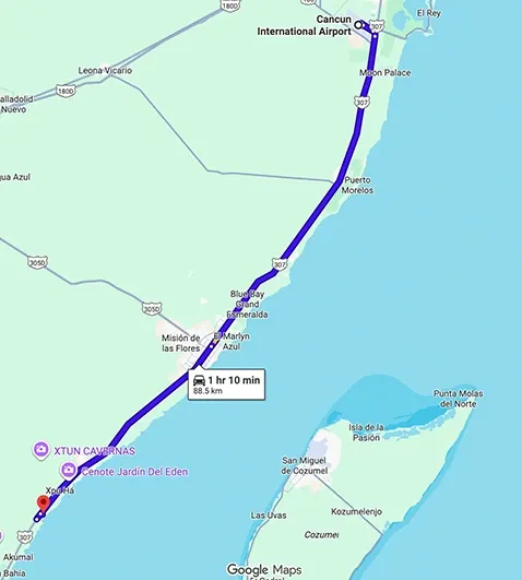 Transportation route map from Cancun Airport to Unico 20 Riviera Maya showing distance and travel path
