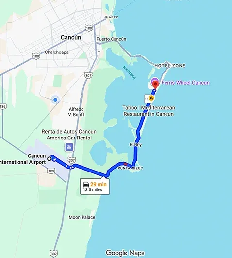 Transportation route map from Cancun Airport to The Westin Laguna Mar Cancun showing distance and travel path
