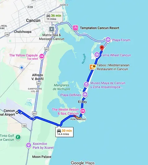 Transportation route map from Cancun Airport to Wyndham Alltra Cancun - All-Inclusive Resort showing distance and travel path